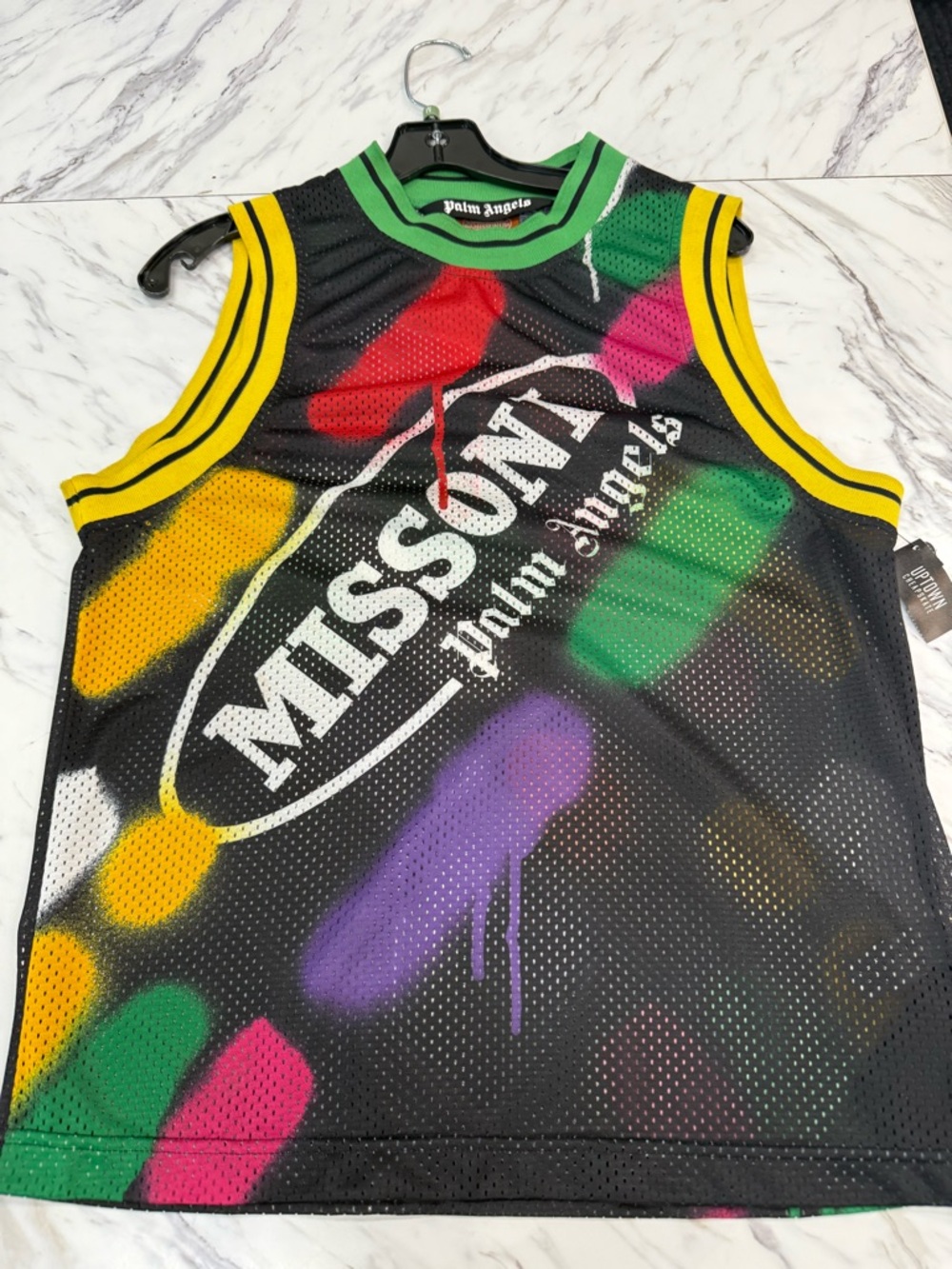 Palm Angels Black Mesh Tank with Multicolor Paint Splashes